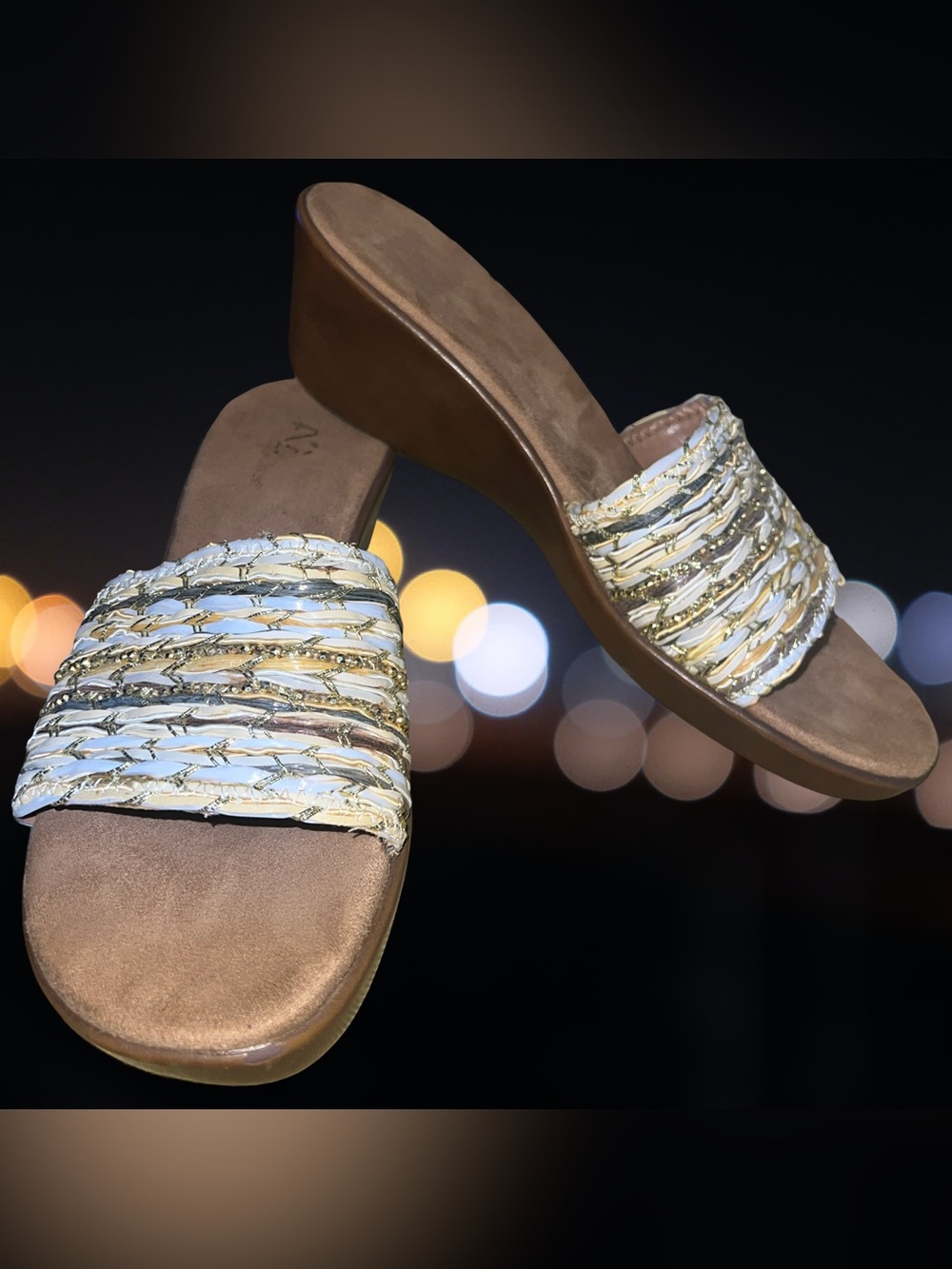 A2 by Aerosoles Say Yes Boho Woven Wedge Slide Sandals Tan Gold 10